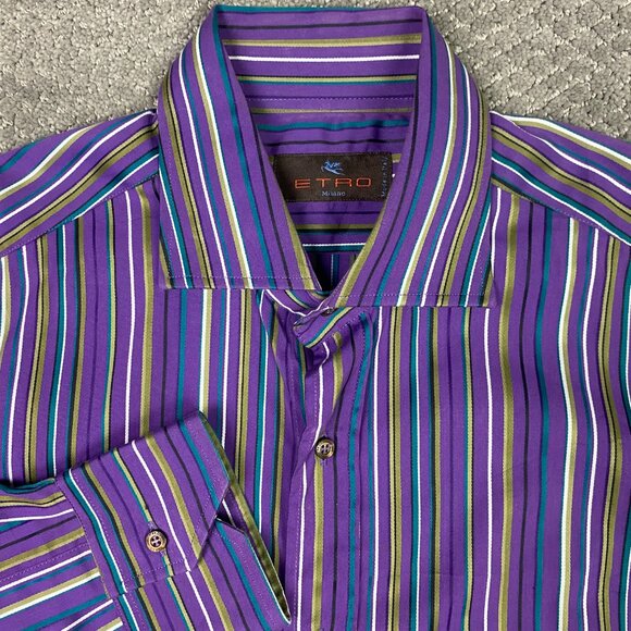 Etro Shirt Men's 40 Purple Green Gold Striped Button Down Up Cotton Milano NWOT - Picture 4 of 12
